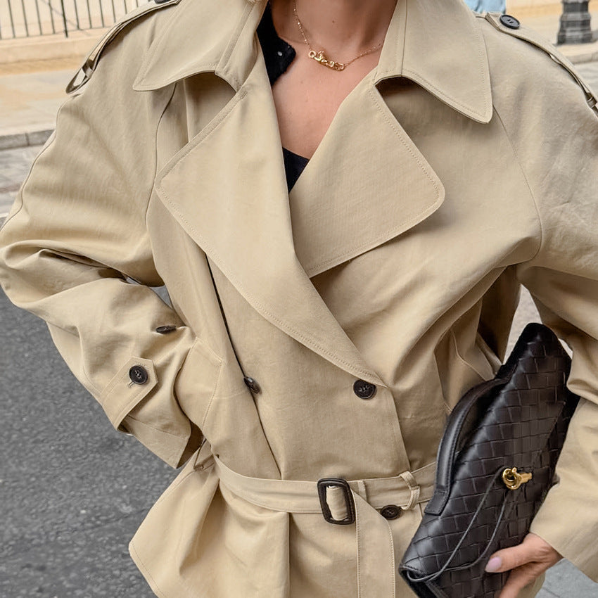 Classic Elegant Double-Breasted Lapel Trench Coat with Adjustable Waist